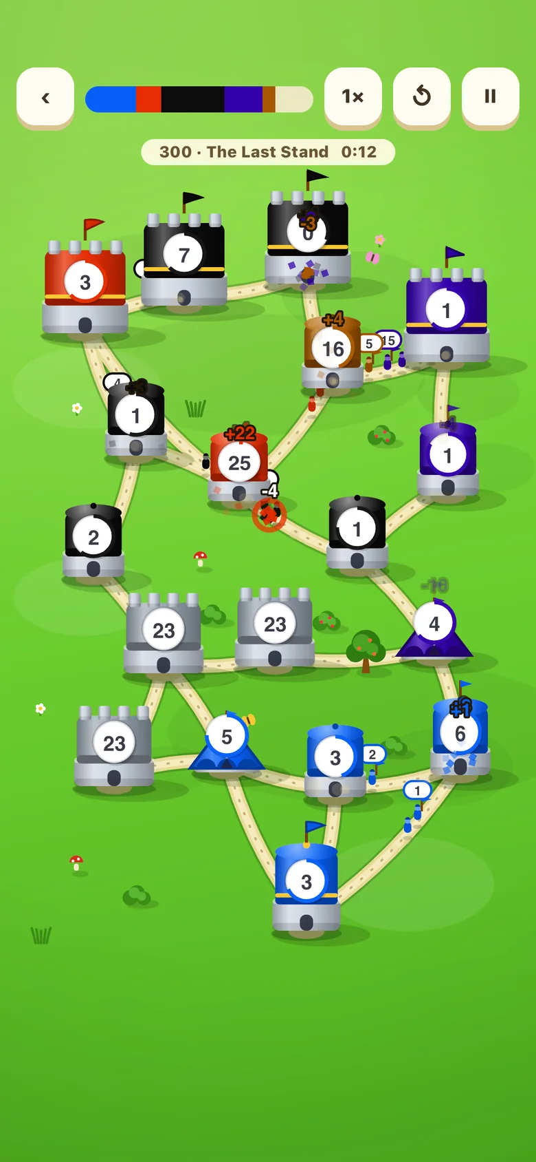 Fort Wars level 300, The Last Stand: a dense map where blue advances against red, purple and black armies at once, with floating combat numbers like +22 and −4 over the buildings.