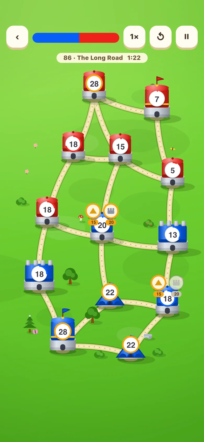 Fort Wars level 86, The Long Road: a selected blue tower holding 20 units showing its two upgrade choices: a camp for 15 units and a fort for 20.