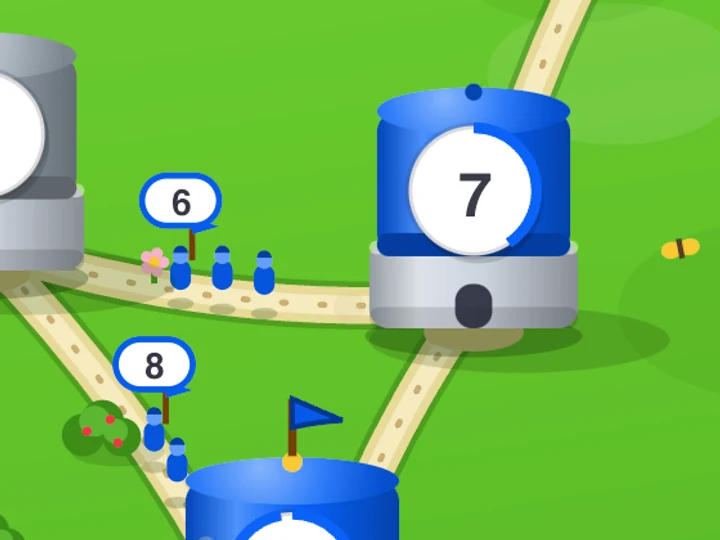 A line of tiny blue soldiers marching along a road between two blue Fort Wars towers, one holding 3 units and one holding 9.